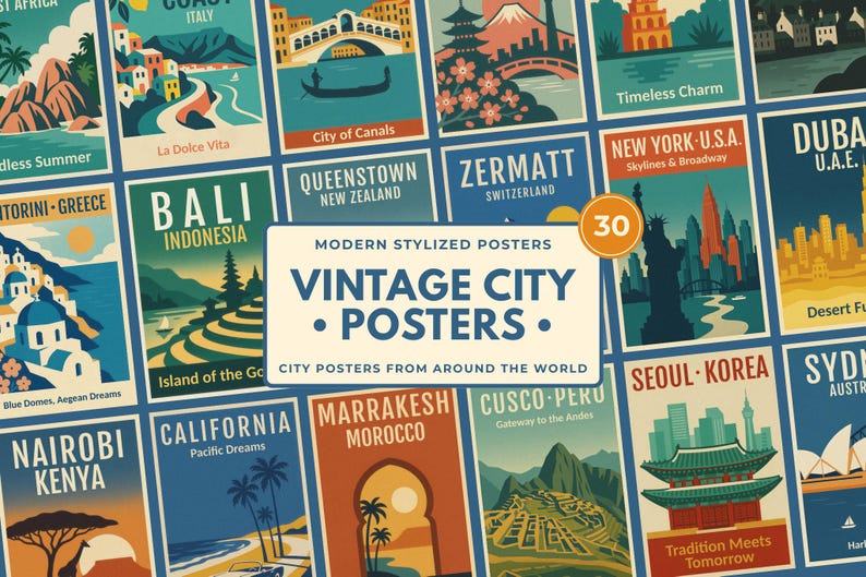 30 Retro Travel Posters Bundle, City Print Set, Printable Wall Art ...