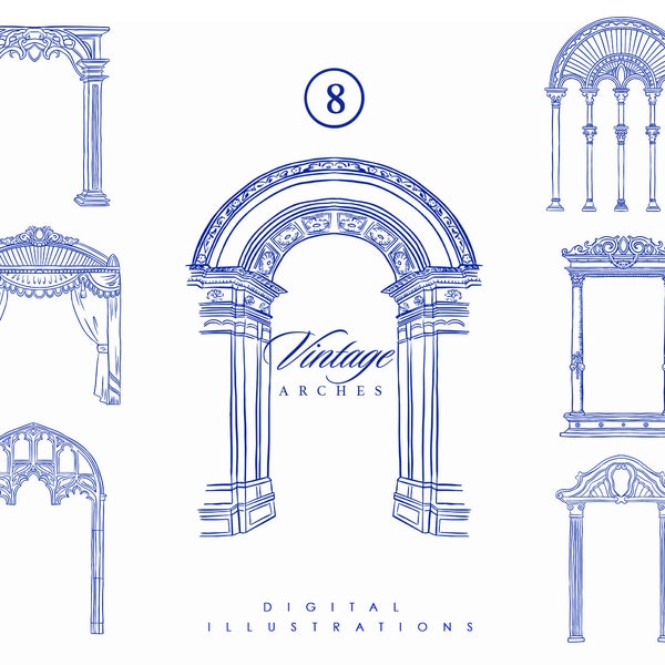 8 Vintage Line Art Wedding Invitation Arches clipart SVG EPS, Wedding design, Gothic arch clipart, architecture lineart