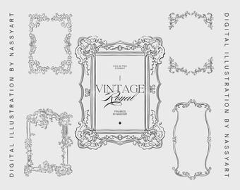 May include: Digital illustration featuring a collection of vintage-style frames in black and white. The frames vary in shape and design, with ornate scrollwork and floral accents. The text "VINTAGE Royal FRAMES" is displayed in the center.