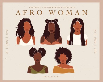 Afro Black Woman African Curly Hair Girl American Lady Clip Art Set PNG