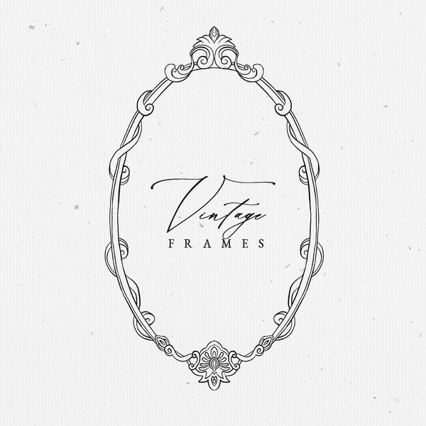 vintage Floral Line art Frame, Baroque Wedding Clipart Crest Frame Invite, Black White Flower frame PNG