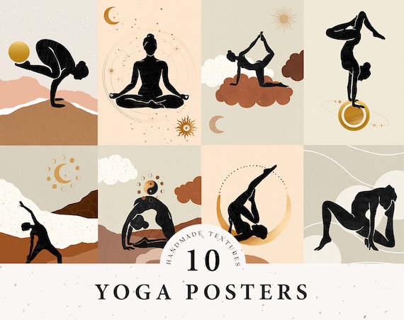 Yoga Poses Posters, Abstract Mountain Landscape, Moon Sun
