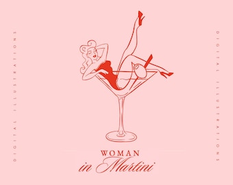 Op de afbeelding: Een rode lijntekening van een vrouw in een martini-glas. De vrouw draagt een jurk en heeft haar benen in de lucht. De tekst "Woman in Martini" staat onder de afbeelding.
