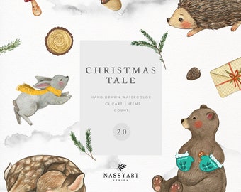 May include: A watercolor illustration set featuring a Christmas theme with woodland animals. The set includes a deer, a bear, a hedgehog, a rabbit, a mushroom, a pine branch, a gift box, and a tree stump. The text "Christmas Tale" is written in a decorative font. The text "Hand Drawn Watercolor Clipart | Items Count: 20" is also included. The text "Nassyart Design" is at the bottom of the image.