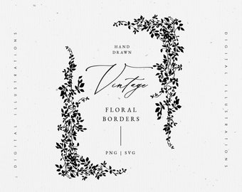 May include: Black and white floral border design with the text "Hand Drawn Vintage Floral Borders PNG | SVG"