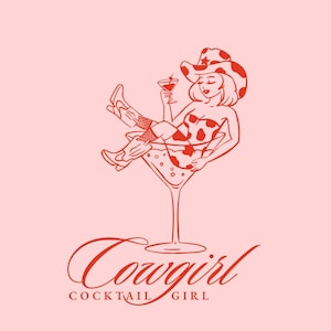 Cowgirl Frau in Martini Glas Illustration SVG PNG, Bachelorette Party Symbol Skizze Umriss, Hand gezeichnete wunderliche Clipart