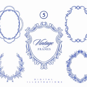 Dessin au trait vintage baroque Vector EPS SVG cadres mariage clipart - Renaissance - mariage crête cadre inviter - dessin au trait botanique - Logo Floral
