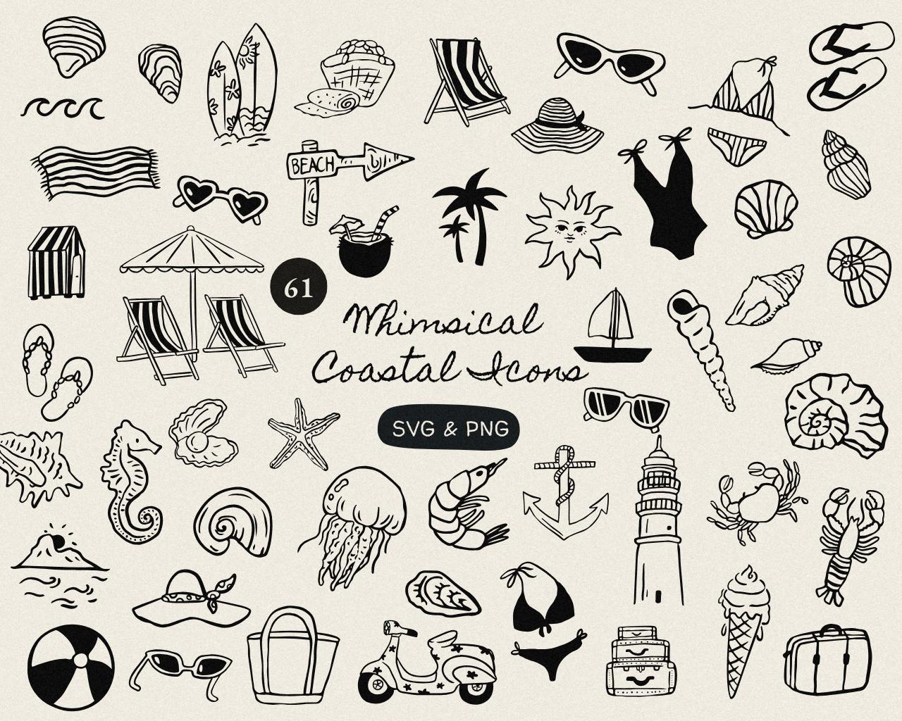 Hand Drawn Coastal Icons, Summer Line Art Icon, Coastal Wedding, Mediterranean Icons, Beach Icons, Summer Doodle Clipart, Amalfi Wedding SVG
