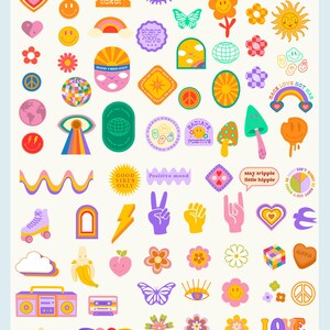Puede incluir: Un conjunto de 85 im&aacute;genes digitales de clipart de estilo retro en varios colores, incluidos amarillo, rosa, azul, verde y naranja. Las im&aacute;genes presentan signos de paz, caras sonrientes, arco&iacute;ris, flores, corazones y otros dise&ntilde;os inspirados en la d&eacute;cada de 1970.