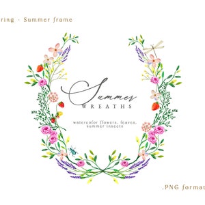 Wildflower Floral Wreath Clipart - Aquarelle jardin été printemps clipart - Meadow fleurs cadre d'invitation de mariage
