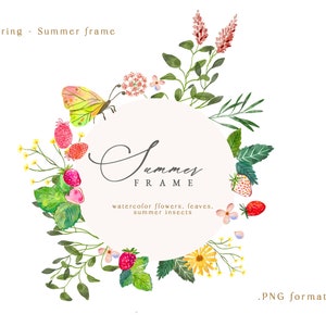 Aquarelle Wildflower Round Frame Floral Clipart - Couronne de fleurs printemps été - Faire-part de mariage Clip art PNG
