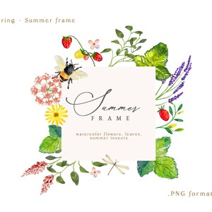 Aquarel wilde bloemen frame clipart - Botanische vierkante bruiloft frame clipart- Lente zomer bloemen wilde bloemen PNG
