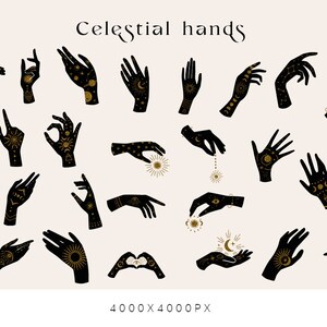 May include: A set of 29 black silhouette hand illustrations with gold celestial and moon designs. The hands are in various poses and feature different celestial elements, such as stars, moons, and planets.