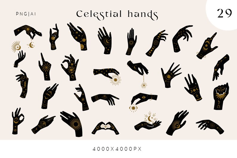 May include: A set of 29 black silhouette hand illustrations with gold celestial and moon designs. The hands are in various poses and feature different celestial elements, such as stars, moons, and planets.