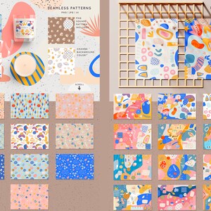 May include: A set of 20 digital seamless patterns and backgrounds featuring abstract shapes, geometric designs, and colourful illustrations. The patterns are perfect for creating unique and eye-catching designs for websites, social media, and printed materials.