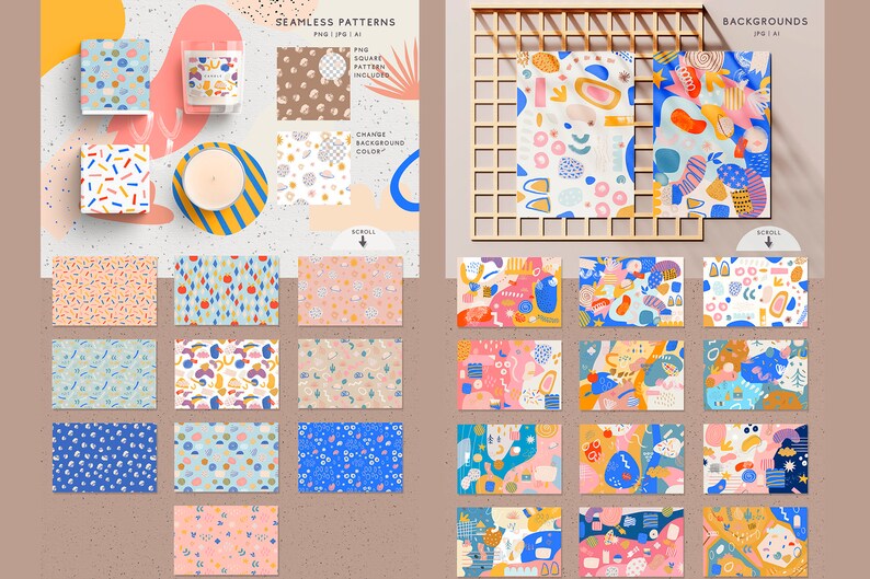 May include: A set of 20 digital seamless patterns and backgrounds featuring abstract shapes, geometric designs, and colourful illustrations. The patterns are perfect for creating unique and eye-catching designs for websites, social media, and printed materials.