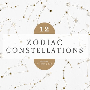 Constelações do Zodíaco SVG, Impressão de arte celestial dourada, Boho Moon Stars Astrology Clipart, Ícones mínimos Áries Touro Gêmeos Câncer Leão Virgem