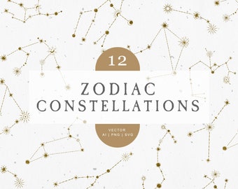Zodiac Constellations SVG, Gold Celestial art print, Boho Moon Stars Astrology Clipart, Minimal Icons Aries Taurus Gemini Cancer Leo Virgo