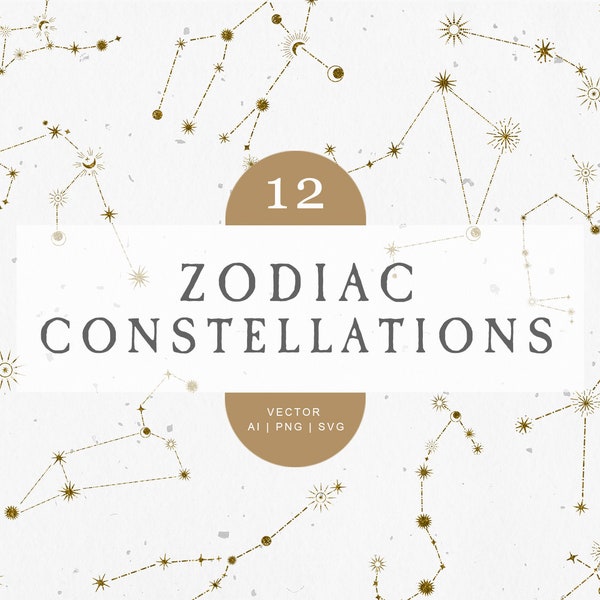 Zodiac Constellations SVG, Gold Celestial art print, Boho Moon Stars Astrology Clipart, Minimal Icons Aries Taurus Gemini Cancer Leo Virgo