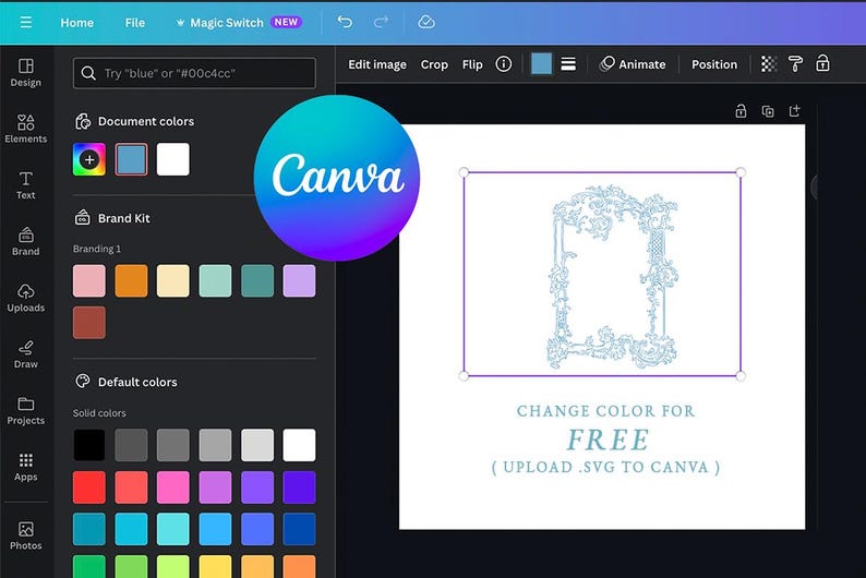 May include: Screenshot of the Canva interface, featuring a design with a light blue floral frame. The Canva logo is prominently displayed. Text on the screen includes "Change color for free" and instructions to upload an SVG file.
