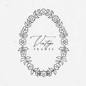 Vintage Floral Line art EPS SVG marco, invitación de marco de cresta de imágenes prediseñadas de boda barroca, marco de flor blanca negra PNG