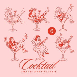 Paquete SVG de vaqueras en martini, clipart de despedida de soltera, cóctel de martini sucio de vaquera disco hippie, arte caprichoso dibujado a mano