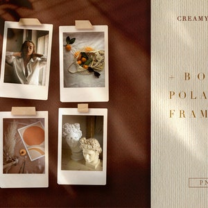 May include: Four white Polaroid-style frames with different images. The frames are on a brown background. The images include a person wearing a white shirt, a bowl of oranges, a still life with dried flowers and a peach, and two plaster busts.