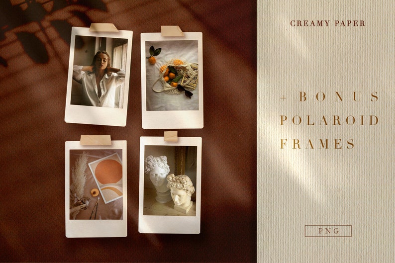 May include: Four white Polaroid-style frames with different images. The frames are on a brown background. The images include a person wearing a white shirt, a bowl of oranges, a still life with dried flowers and a peach, and two plaster busts.