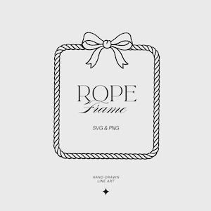 Könnte beinhalten: Schwarz-weiße Strichzeichnung eines Seilrahmens mit einer Schleife oben. Der Text "ROPE Frame" ist im Rahmen zentriert, darunter "SVG & PNG". Die Worte "VINTAGE LINE ART ILLUSTRATION" stehen an den Seiten.