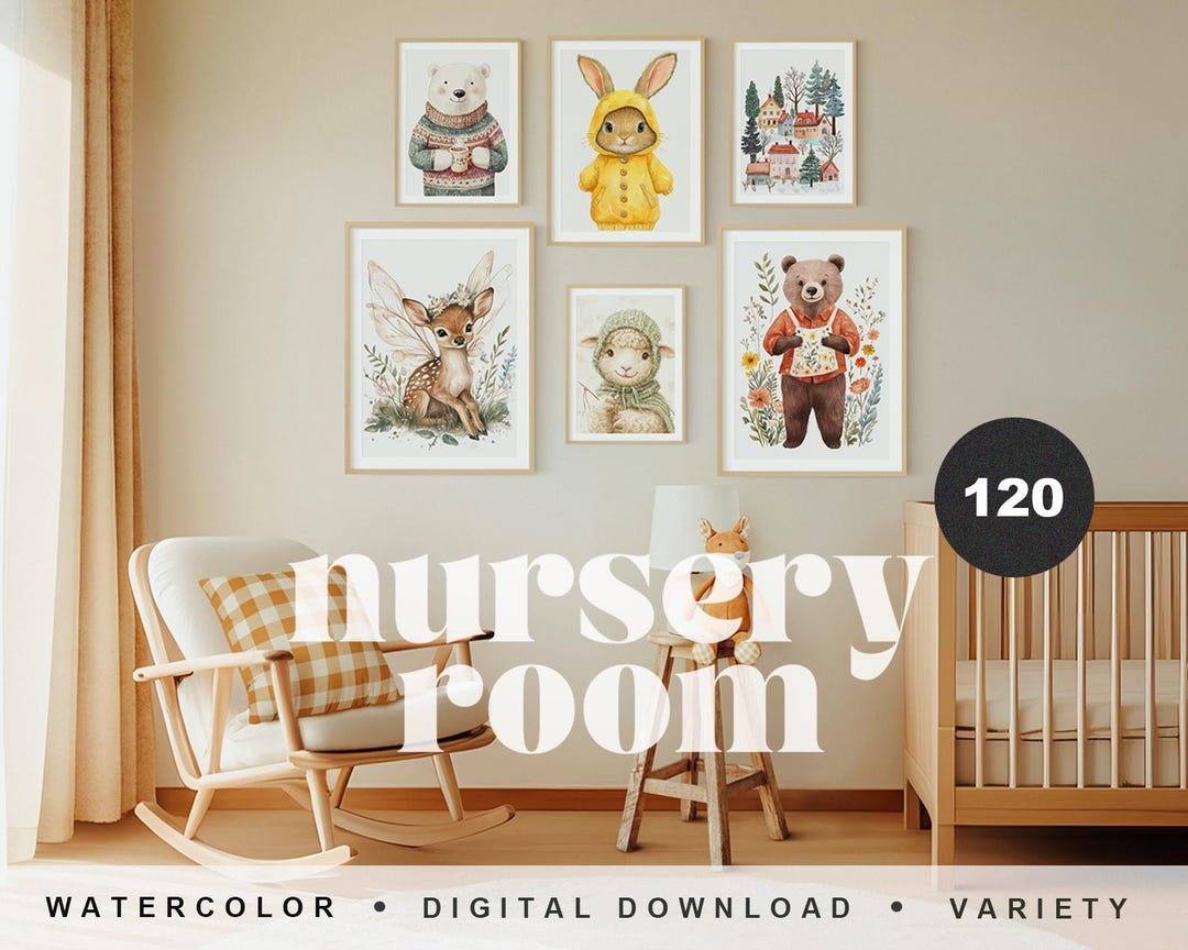 120 Watercolor Animal Prints • Nursery Printable Wall Art • Whimsical ...