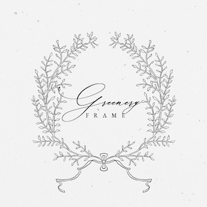 Greenery Meadow Vintage Floral Frame Line Art Flower Wedding Wreath Botanical Clip Art