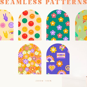 Puede incluir: Seis patrones sin costuras de estilo retro en una variedad de colores y dise&ntilde;os. Los patrones incluyen caras sonrientes, flores, hongos, arco&iacute;ris, corazones, signos de paz y cintas de casete.
