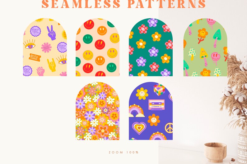 Puede incluir: Seis patrones sin costuras de estilo retro en una variedad de colores y dise&ntilde;os. Los patrones incluyen caras sonrientes, flores, hongos, arco&iacute;ris, corazones, signos de paz y cintas de casete.
