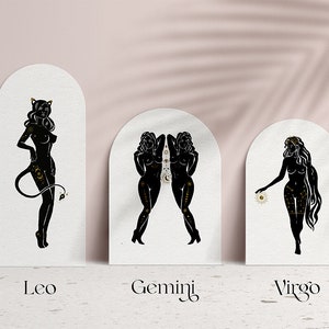 May include: Three white arch-shaped cards with black silhouettes of women representing the zodiac signs Leo, Gemini, and Virgo. Each card has the zodiac sign name printed below the image.
