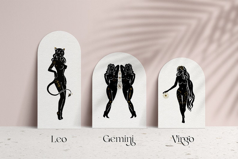 May include: Three white arch-shaped cards with black silhouettes of women representing the zodiac signs Leo, Gemini, and Virgo. Each card has the zodiac sign name printed below the image.