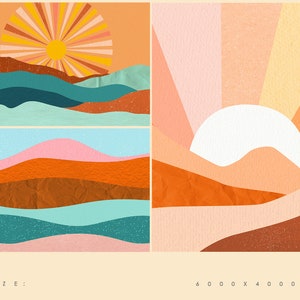May include: Two abstract digital art prints featuring a sun and layered hills in shades of orange, pink, blue, and brown. The text "SIZE: 6000 x 4000 PX" is at the bottom of the image.