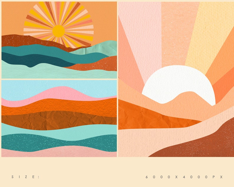 May include: Two abstract digital art prints featuring a sun and layered hills in shades of orange, pink, blue, and brown. The text "SIZE: 6000 x 4000 PX" is at the bottom of the image.