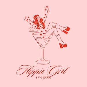 Novia hippie en copa de martini SVG, Clipart de chica con botas retro, Boceto dibujado a mano de fiesta disco, Despedida de soltera, Clipart de celebración de boda