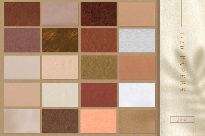 May include: A set of 20 digital paper textures in various shades of brown, beige, and white. The papers have a variety of textures, including smooth, rough, and textured. 1-20 Papers JPG.