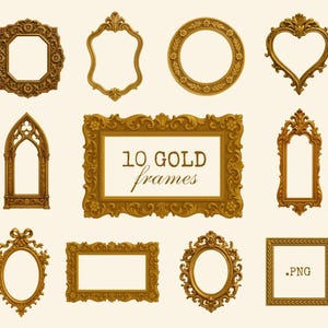 May include: A selection of ten vintage gold frames in diverse shapes, such as rectangular, oval, heart, and circular. The frames feature intricate carvings and embellishments. The text "10 GOLD frames" is displayed on one of the frames.