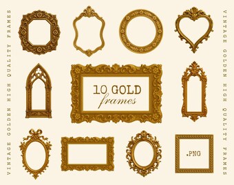 Gold Frames Clipart, Vintage Baroque Golden Borders, Antique Oval Square Frame PNGs for Invitations,  Junk Journal, Gold Ornament