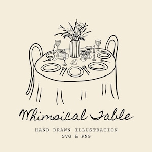 Op de afbeelding: Zwart-witte lijntekening van een gedekte tafel. De ronde tafel is bedekt met een tafelkleed en gedekt met borden, bestek, glazen, kaarsen en een vaas met bloemen. De tekst "Whimsical Table" staat onder de tafel.