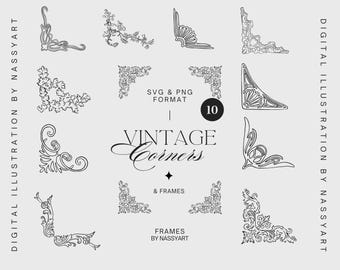Vintage Baroque Corners Frames SVG, Ornate Vintage Border Corner Frame Set, Ornate Frame svg, Baroque Frame svg, Vintage Line Art Corners