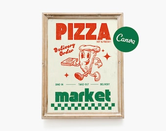 Retro Pizza Poster – Vintage Diner Wall Art Print | Take-Out & Delivery Sign | Mid-Century Kitchen Decor
