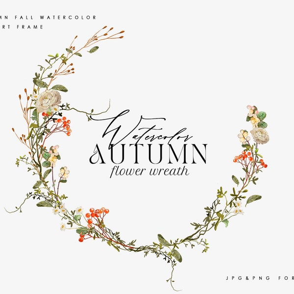 Autumn Fall Wreath Clipart, Wreath Greenery Boho Wedding clipart, Premade Floral Wreaths, Watercolor Wreath