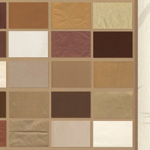 May include: A collection of 21 different paper textures in various colors and patterns, including brown, beige, white, and red. The paper textures are arranged in a grid pattern on a brown background. The text "21-40 PAPERS" is displayed on the right side of the image.