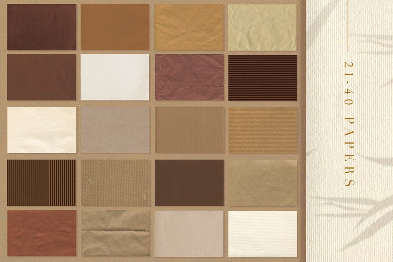 May include: A collection of 21 different paper textures in various colors and patterns, including brown, beige, white, and red. The paper textures are arranged in a grid pattern on a brown background. The text "21-40 PAPERS" is displayed on the right side of the image.