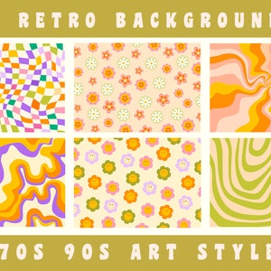 May include: Twelve retro background patterns in a collage. The patterns include a swirling checkerboard, a daisy pattern, a wavy orange and pink pattern, a wavy orange and purple pattern, a smiley face pattern, and a wavy green pattern. The text "12 RETRO BACKGROUNDS" is at the top of the collage. The text "70S 90S ART STYLE" is at the bottom of the collage.