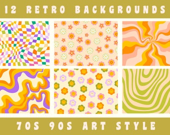 May include: Twelve retro background patterns in a collage. The patterns include a swirling checkerboard, a daisy pattern, a wavy orange and pink pattern, a wavy orange and purple pattern, a smiley face pattern, and a wavy green pattern. The text "12 RETRO BACKGROUNDS" is at the top of the collage. The text "70S 90S ART STYLE" is at the bottom of the collage.