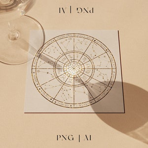 May include: A white card with a gold zodiac circle featuring the constellations of the twelve astrological signs. The card is on a beige background with a glass of water in the background. The text "Zodiac Circle" is written vertically on the left side of the image and "PNG | AI" is written horizontally at the bottom of the image.